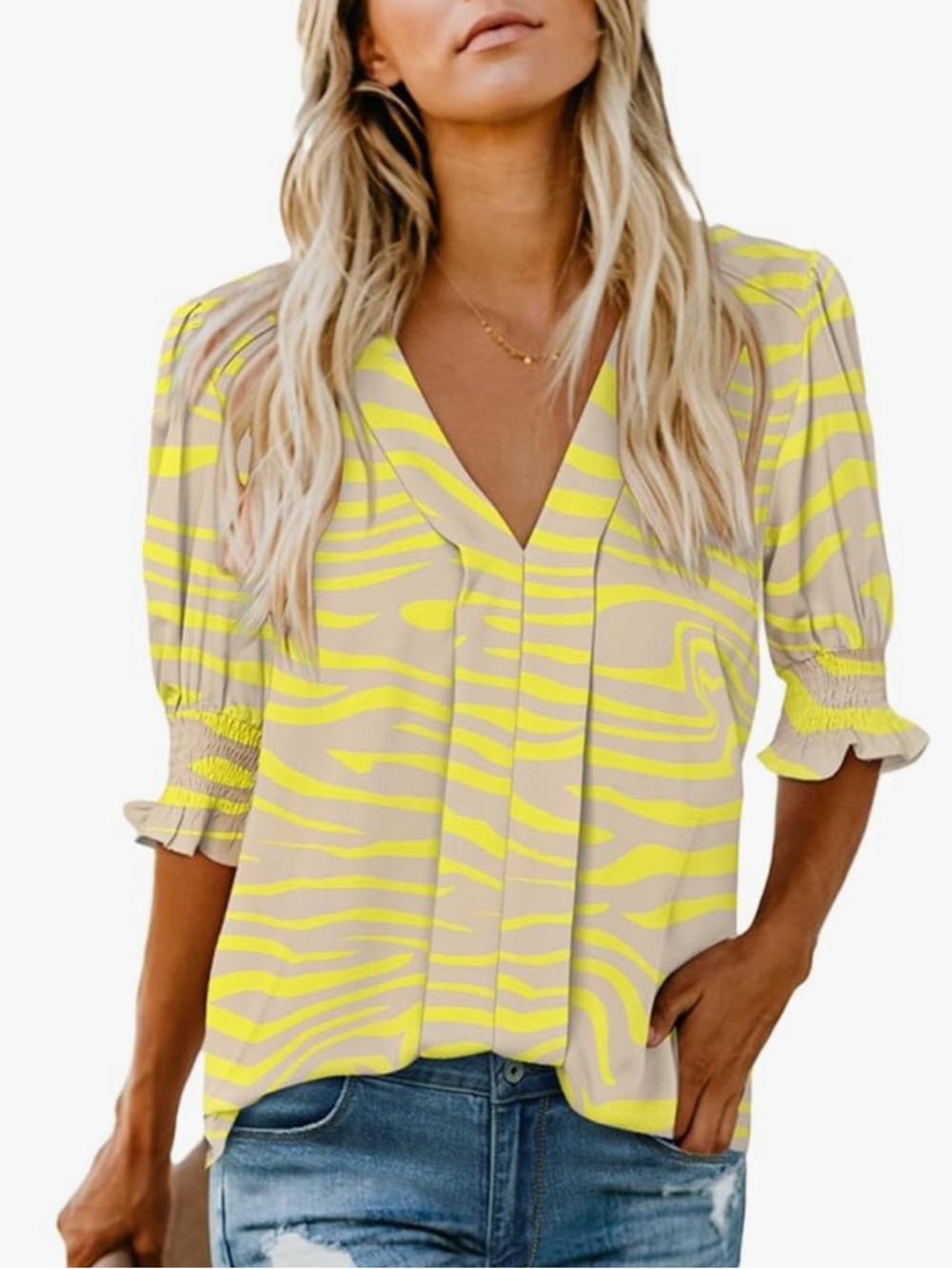 Yellow Patterned Puff Sleeve V-Neck Blouse